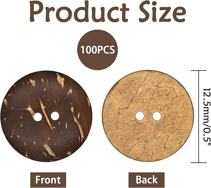 100-Pcs 1/2" Small Natural Coconut Shell Buttons | Bulk Brown Wooden Sewing Replacement Buttons for Sewing Crafts Clothes Decorations (12.5mm)