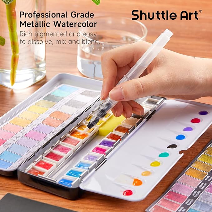 Metallic Watercolor Paints, Shuttle Art 24 Colors Glitter Watercolor Paint in Half Pans with Water Brush Pen Watercolor Pad &Mental Box, Art Supplies for WatercolorPainting, Illustrations, Calligraphy