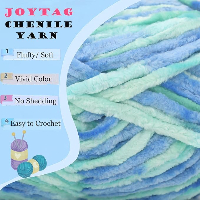 Velvet Chenille Yarn for Crocheting Blue Tone Velvet Fluffy Plush Thick Bulky Chunky Chenille Soft Baby Blanket Yarn for Crocheting Hand Knitting 3 * 100g-Blue Tone