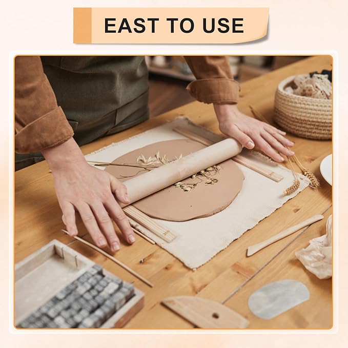eZAKKA Pottery Teaching Rolling Mud Stick Guide, Wooden Clay Rolling Pin for Clay Tools, Pottery Tools with Clay Slab Roller & Clay Guides Sticks, 10+1Pcs
