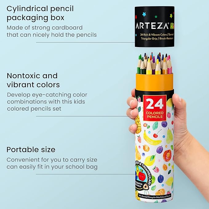 ARTEZA Scented Colored Pencils for Kids, 24 Triangle Pre-Sharpened Non-Toxic Smelly Pencils, for School Drawing, Arts & Crafts