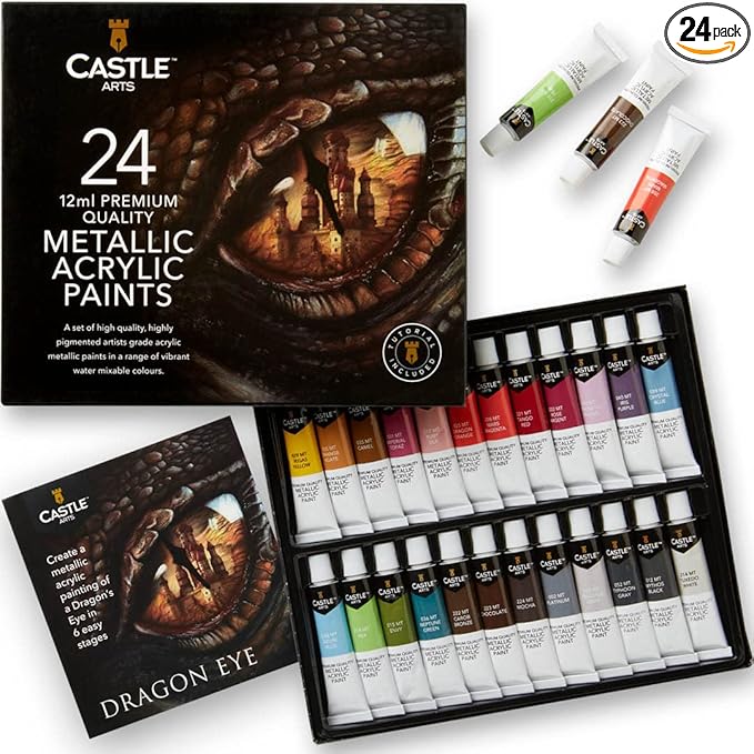 Castle Art Supplies 24 Piece Metallic Acrylic Tube Set | 24 X 12ML Tubes for Adult Artists, Beginners and Crafters, Add Shimmering Quality on Variety of Surfaces | in Strong Beautifully Presented Box
