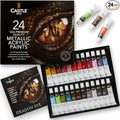 Castle Art Supplies 24 Piece Metallic Acrylic Tube Set | 24 X 12ML Tubes for Adult Artists, Beginners and Crafters, Add Shimmering Quality on Variety of Surfaces | in Strong Beautifully Presented Box