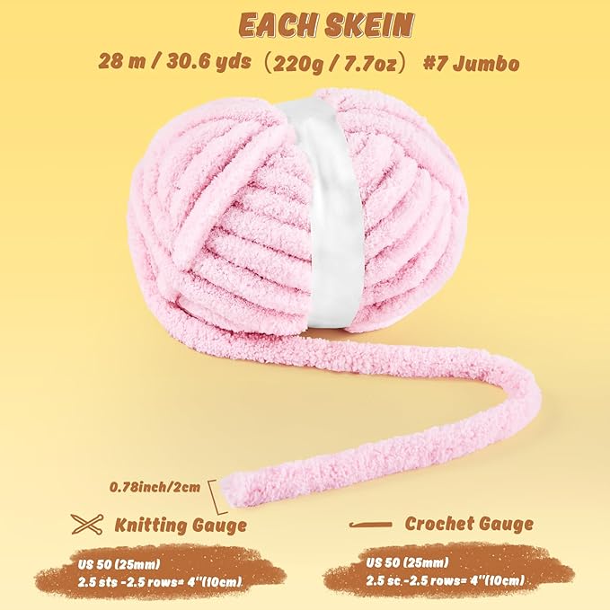 inhand 8 Pack Chunky Chenille Yarn for Crocheting– 30.6 Yards, 7.7oz, Super Bulky, Soft Fluffy Plush Yarn for Hand or Arm Knitting– Ideal for Blankets, Crafts & DIY Projects (Light Pink)