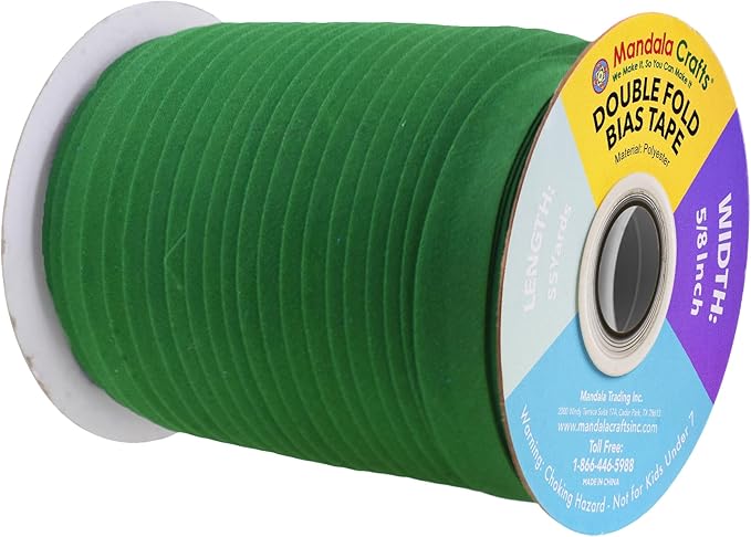 Mandala Crafts 55 Yards 5/8 Inch Dark Green Double Fold Bias Tape for Sewing - Bias Binding Tape for Quilting Binding, Hemming, Seam, and Fabric Piping