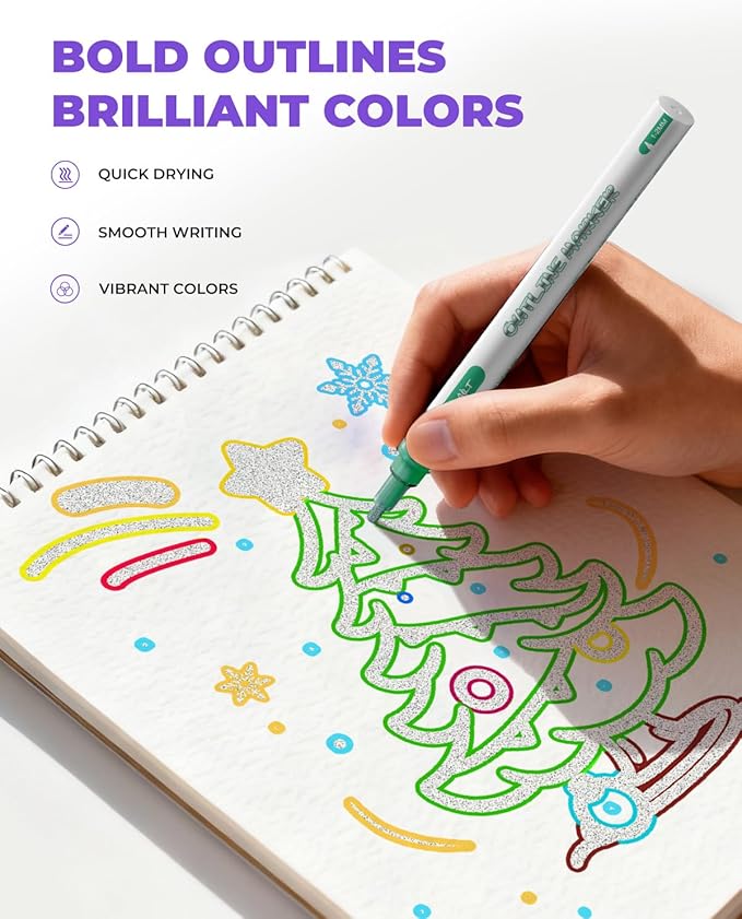 JusArt Outline Sparkle Markers, 12 Metallic Shimmer Pens for Adult Coloring, Cool Fun Drawing Supplies for Christmas, Easter, Halloween
