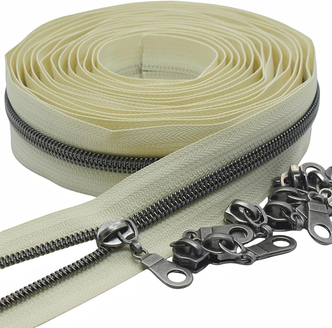 MebuZip #5 Gunmetal Metallic Nylon Coil Zippers by The Yard Bulk Coil Zipper Roll 10 Yards with 25pcs Pulls for DIY Sewing Craft Bags (Beige)