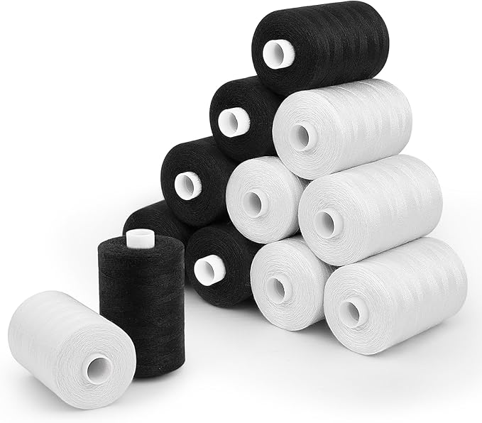 12 Pcs Sewing Thread, 1000 Yards Black Threadfor Sewing，All-Purpose White Thread forSewing, Polyester Threadfor SewingMachine, Hand Stitching, Quilting (White & Black)