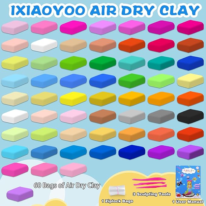 Air Dry Clay for Kids, 60 Colors Modeling Magic Clay, Safe & Non-Toxic, DIY Model Arts & Crafts Kit with Sculpting Tools, Birthday&Christmas Toy Gift for 3-12 Years Old Boys Girls Kids