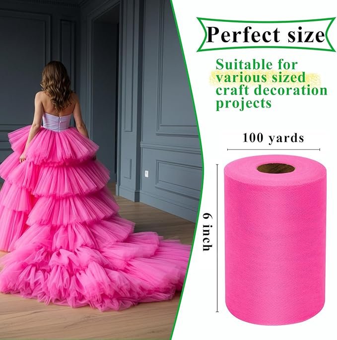 Neon Pink Tulle Fabric Rolls 6 Inch by 100 Yards (300 feet) Fabric Spool Tulle Ribbon for DIY Halloween Tutu Bow Baby Shower Birthday Party Wedding Decorations Christmas Craft Supplies