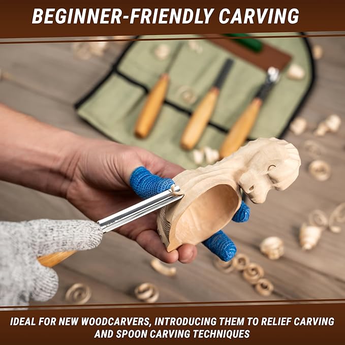 BeaverCraft Wood Carving Gouges Chisels Kit SC01 - Wood Spoon Carving Chisel Set - Whittling Tools Includes Radial Gouges, Flat Chisel, Bent Gouge, Leather Strop & Rolling Pouch