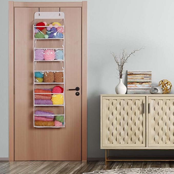 Univivi Door Hanging Yarn Storage Organizer, Knitting and Crochet Organizer Yarn Ball Storage with 5 Clear Plastic Pockets & 2 Big Metal Hooks for Knitting Needles, Crochet Hooks, Yarn Balls, UN0826