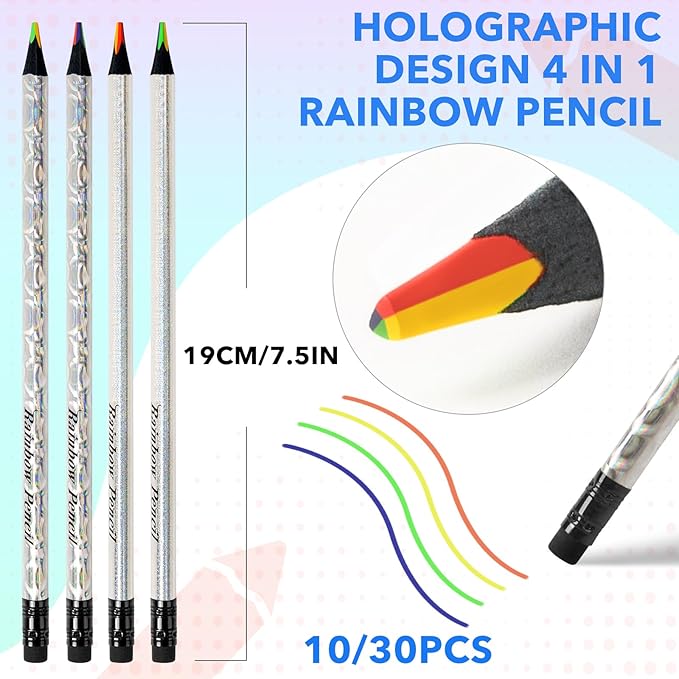 ThEast 30 Rainbow Colored Pencils, 4 Colors in 1 Rainbow Pencil for Kids, Multicolor Pencil for Adults, Teen Girl Gifts Trendy Stuff, Glitter Art Supplies, Pre-sharpened