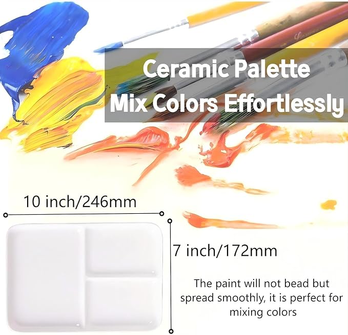 Porcelain Watercolor Palette, Ceramic Artist Paint Palette, Watercolor Mixing Tray for Watercolor Gouache Acrylic Oil Painting (10 * 7'' 3-Well Rectangle)