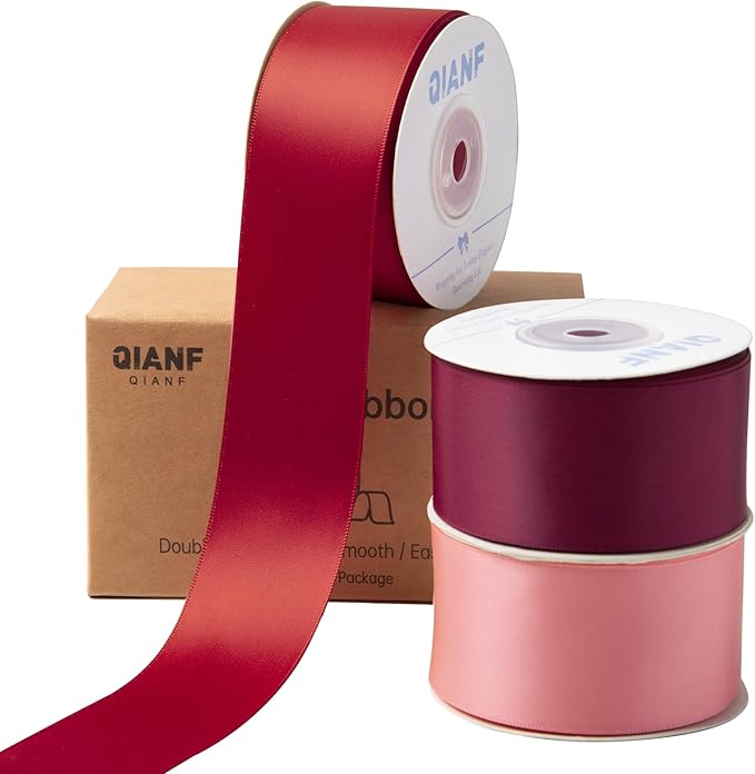 Burgundy Double Face Satin Ribbon 1-1/2 Inch x 45 Yards Wine Red Coral Pink Fabric Ribbon for Gift Wrapping, Flower Bouquets, Bows Making, Wedding Decor, Invitation, Christmas (3 Rolls *15Yd)
