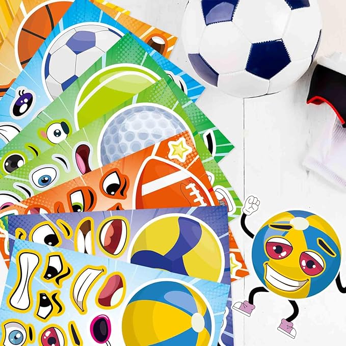 24 PCS Sport Ball Stickers for Kids, Make a Face Stickers, Make Your Own Mix and Match Sticker Sheets, Basketball, Baseball, Football, Volleyball, Soccer, Rugby Stickers for Teens/Kids