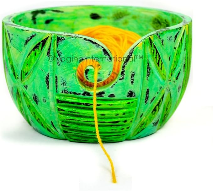 Nagina International Exquisite Premium Yarn Ball Storage Bowls | Hand Painted Lovely Decor Yet Functional Yarn Dispenser (Large (7 x 4 x 7 Inches), Algae Green)