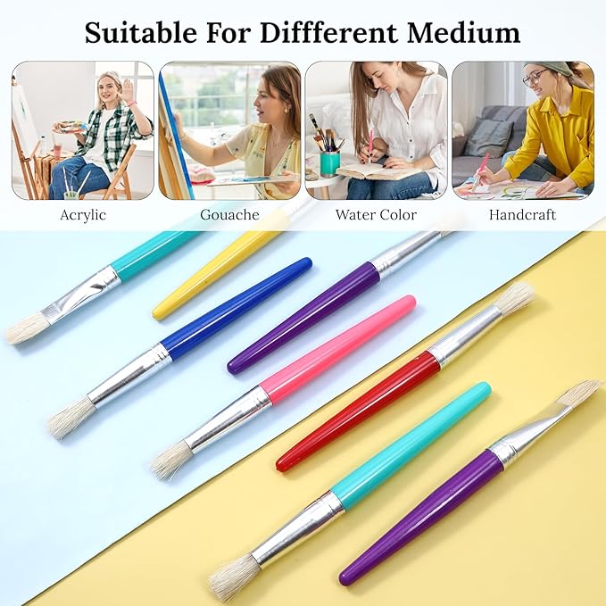 64Pcs Paint Brushes, Paint Brushes with Bristle, Round & Flat Paintbrushes, Easy Hold and Clean Toddler Paintbrushes, Big Washable Chubby Painting Brush for Acrylic Oil Watercolor Gouache