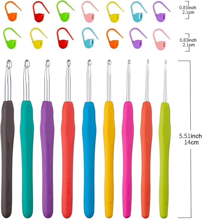 Vodiye 23 PCS Crochet Hooks, Ergonomic Handle Crochet Hooks Set for Arthritic Hands, Comfortable Smooth Crochet Needles Extra Long  Knitting Needles with Stitch Markers, Rubber, Multicolor