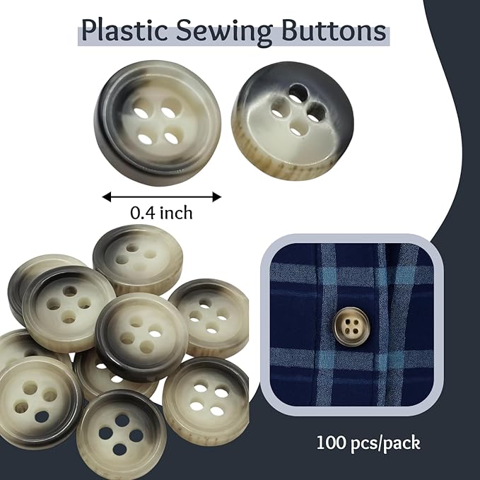 0.4 inch Gray Buttons for Sewing 100 Pcs Buttons for Shirt 4 Hole 16L Plastic 10mm Ideal for Dress Blouse Workwear School Chef Aprons Pants Jacket Bags Craft DIY Decorations