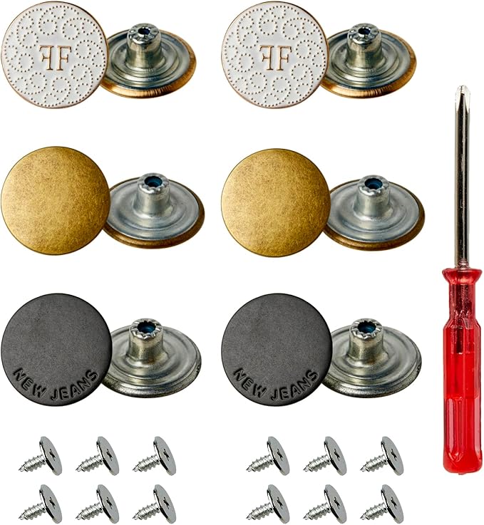 3 Designs No-Sew Removable Metal Buttons Replacement Repair Combo Thread Rivets and Screwdrivers in Storage Box, Women and Men's Jeans Clothing Supplies 12 Sets 20mm