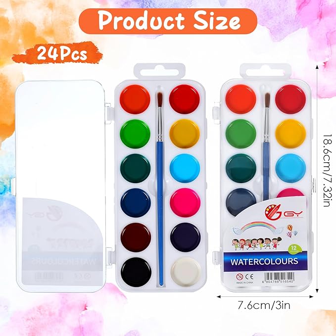 24 Pcs Watercolor Paint Set, with 12 Vibrant Colors and Paint Brushes, Washable Watercolors Paints Set Bulk for Family Art Party Favors Art Activities Painting Projects Christmas Gift