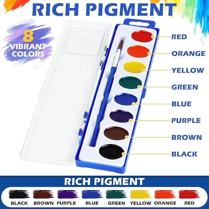 Watercolor Paint Set for Kids - Bulk Pack of 10, 8 Colors Washable Water Color Paints Sets with Paintbrush, Kids Watercolor Paint Set for Coloring, Art, Classrooms and Paint Supplies