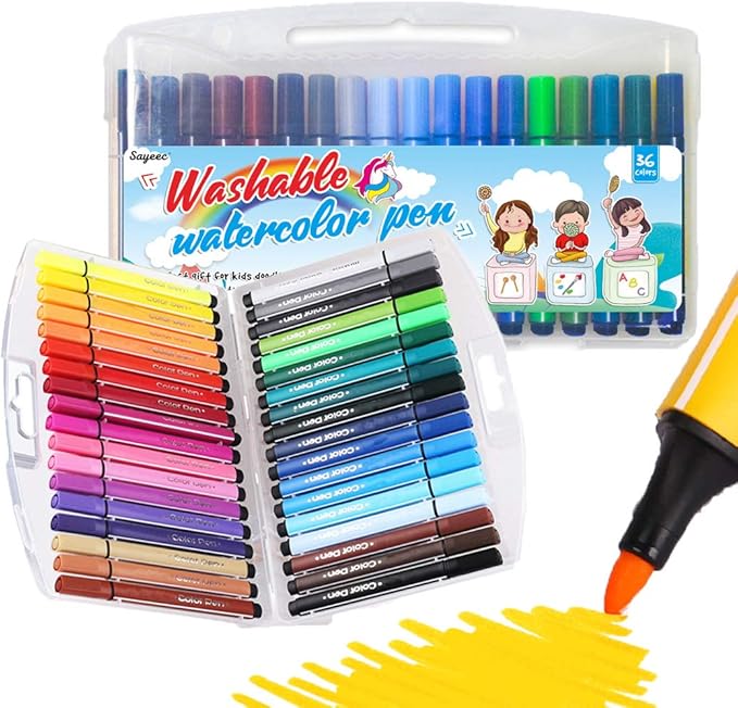 SAYEEC Washable Watercolor Markers, 36 Assorted Colors Coloring Pens Set, Medium Tip Art Drawing Pens Kit with Storage Case for Adult Coloring Books, Doodling, Manga, Comic, Calligraphy, Sketching