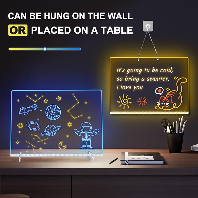 Led Drawing Board for Kids, LED Note Board with Colors,Doodle Glow Drawing Boards, 13.7"X10" 6 Modes & 8 Colors, Light Up Drawing Pad with Battery Box for Home/Office/Decor