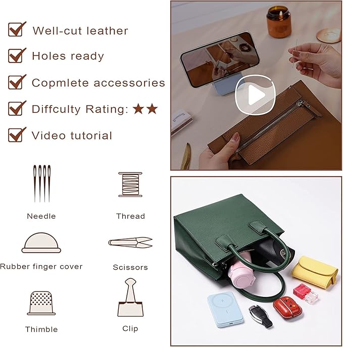 POPSEWING Top Grain Leather Mini Tote Handbag DIY Kit, Crossbody Shoulder Bag with Sewing Kits for Women, Girls, DIY Leather Bag Kit for Personalized Gift (Pink)