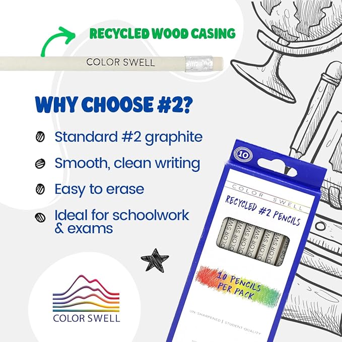 Color Swell - One Pack (10 per Pack) of Recycled Pencils - Non Toxic #2 Recycled Pencils