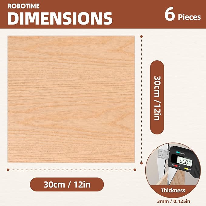 ROBOTIME 6-Pack Laser Wood Sheets 1/8" - 12 x 12 x 1/8 Inch - Oak - 3mm Plywood for Laser Cutting, Laser Engraving Blanks