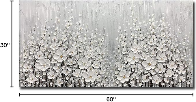 V-inspire Art, 30x60 Inch Hand Painted 3D White Flowers Wall Art Abstract Canvas Oil Paintings Wall Decorations for Living room Dining room Bedroom Artwork for Home Walls