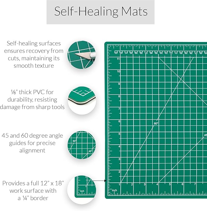 WA Portman Self Healing Cutting Mat & Rotary Cutter Set – 45mm Rotary Cutter for Fabric with 5 Extra Blades with 12x18 Fabric Cutting Mats for Crafts & 6x18 Acrylic Quilting Rulers – 3pc Sewing Kit