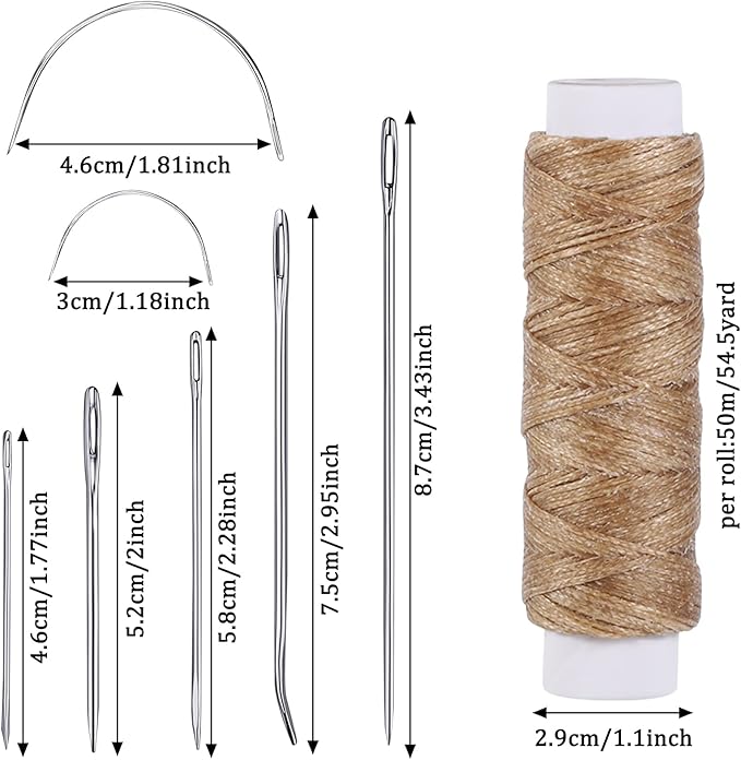 55Yards Waxed Thread with 7 Pcs Leather Needles for Hand Sewing 150D Flat Waxed Thread - Leather Repair Needles for Upholstery, Canvas Bags, Sofa Furniture (Khaki)