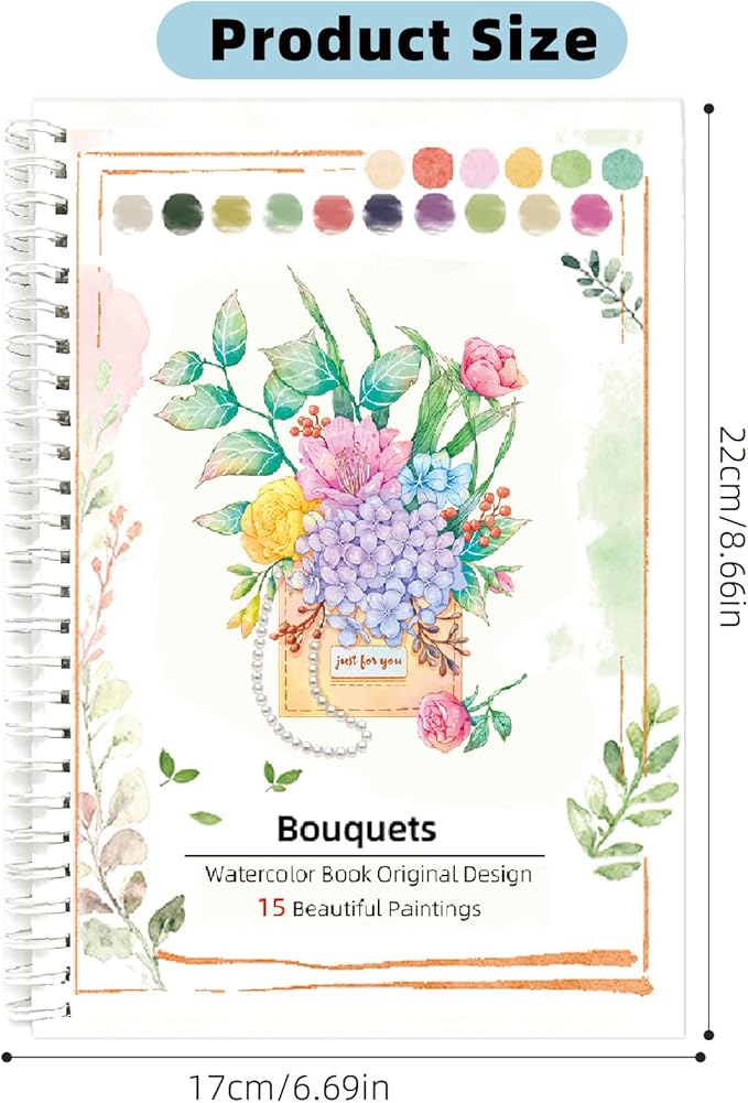 Watercolor Workbook, 15 Different Patterns of Original DIY Paintings for Water Color Book, 8.7 * 6.7inch, Water Coloring Book for Beginners Adults (Without Palette, Bouquets)
