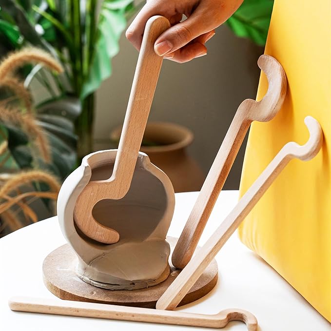 Ceramic Tool Set with 3 Folding Pottery Needle Tools & 2 Wooden Pottery Throwing Tools – for Clay Trimming, Pottery Rim Forming, Detail Carving, Edge Smoothing, Pottery Shaping