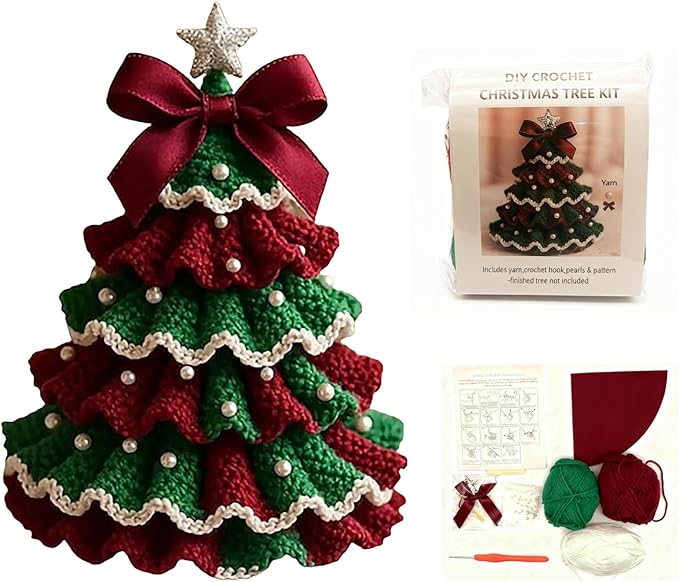 DIY Crochet Christmas Tree Kit – Handmade Holiday Decoration Set,Parent-child activities craft kit,Tree Bow Pearl Embellishment,Cross-stitch by hand,Festive decorations (Multicolour) (Multicolour)