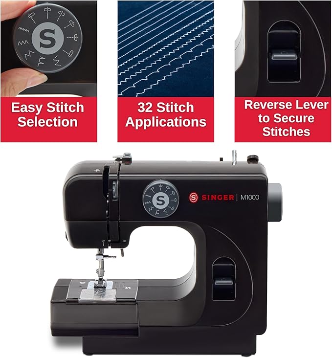SINGER M1000 Mending Machine | Compact, Lightweight & Portable With 32 Stitch Applications & LED Light | Great for Light to Medium Weight Fabrics & Repairs - Black