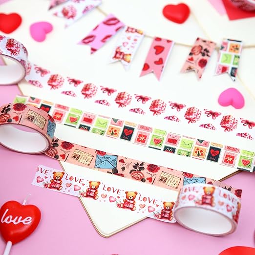 12 Rolls Valentine's Day Washi Tape Set, Pink & Red Hearts Decorative Tape Love Letters Roses Masking Tape for Journaling Supplies, Junk Journal, Scrapbooking, DIY Arts & Crafts, Gift Wrapping