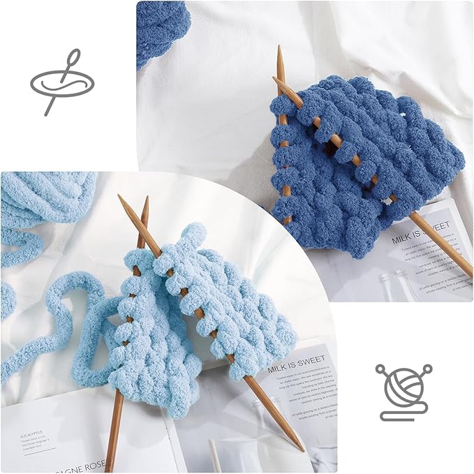 HOMBYS 8 Pack Assorted Chunky Yarn for Crocheting,Super Bulky Large Soft Fluffy Yarn,Plush Fuzzy Yarn,Thick Chenille Yarn for Hand Knitting/Arm Knitting,Blue(27yds,8 oz Each Skein)