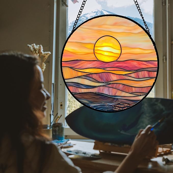 Stained Glass Window Hanging, Orange Sunrise Suncatcher Diamond Glass Panel Hangings Scenery Sun Catchers Decor for Birthday for Women, Men, Wife, Aunt, and Mom 9.8 in
