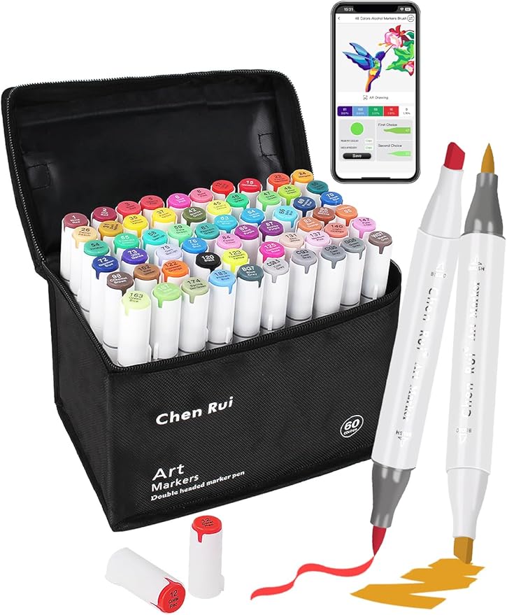 YHC 60 Alcohol Brush Marker with Free App, Chen Rui Dual Tips Art Markers for Adults and Kids, Alcohol Based Brush & Chisel Tips Markers for Drawing, Coloring, Painting, Sketching