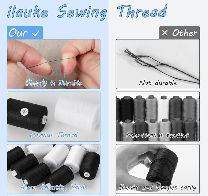 ilauke Sewing Thread, 12 Spool All Purpose Polyester Thread, Each 1000 Yards Sewing Thread for Hand Sewing,Quilting,Sewing Machine, 6 x White & 6 x Black