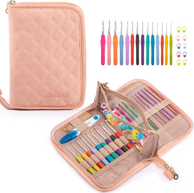 MYBAGZING Crochet Hook Set with Storage Case – 14 Ergonomic Crochet Hooks(2mm(B)-10mm(N), 10 Stitch Markers, Crochet Organizer for Crochet Needles, Accessories, and Supplies