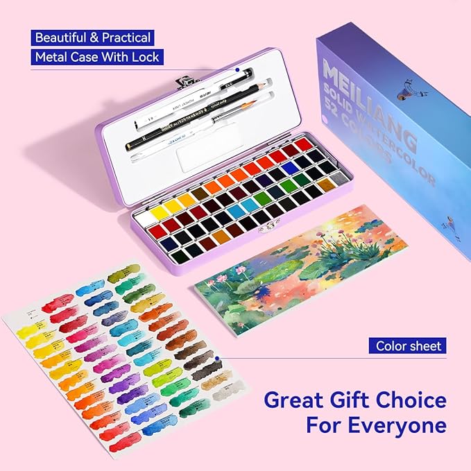 Travel Watercolor Set, 52 Colors Watercolor Paint with 1 Drawing Pencil, 1 Paint Brush, 5 Watercolor Paper, 1 Sponge & 1 Black Drawing Pen, Water Colors Paint Adults Set, Purple Case