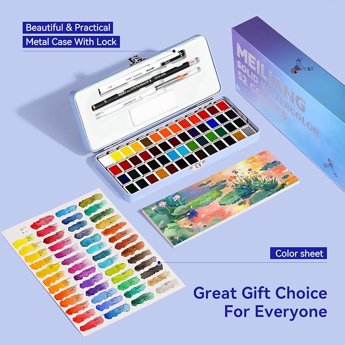 Travel Watercolor Set, 52 Colors Watercolor Paint with 1 Drawing Pencil, 1 Paint Brush, 5 Watercolor Paper, 1 Sponge & 1 Black Drawing Pen, Water Colors Paint Adults Set, Blue Case