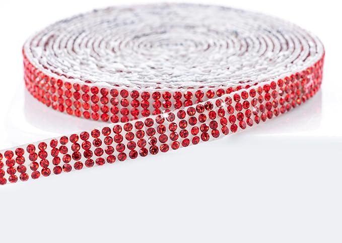 Novani Self Adhesive Rhinestone Ribbon, 0.35 Inch Wide 3 Yards 1 Roll, Red Crystal Diamond Bling Strips for DIY Crafts,Home Decor,Glitter Glass Rhinestones Tape for Crafting,Car Decoration