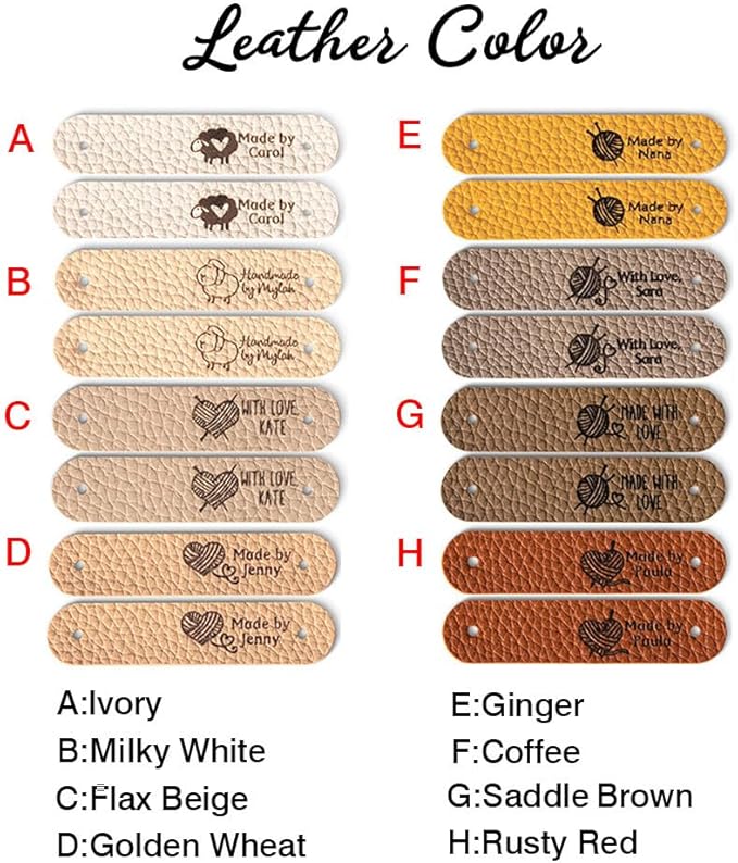 Callie Personalized Leather Tags for Crochet Items, 2.5 x 0.5 inches Custom Labels for Crochet and Knits Projects with Rivets, Suitable for Hats Beanies Scarves & More