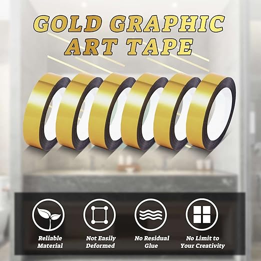 HFKPJRT Gold Tape, 6 Rolls Gold Washi Tape, Self Adhesive Gold Electrical Tape, 165 Yards Mirror Gold Metallic Tape for TV Frame Wall Decor Crafts and Gift Box Wrapping(1/2 Inch)